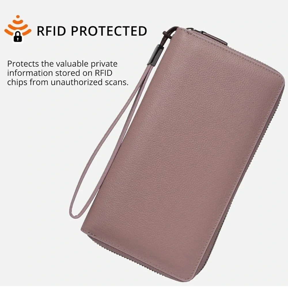 Bveyzi Pink RFID Blocking Leather Zip Around Large Wallet Phone Clutch Wristlet